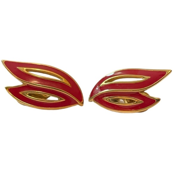 MONET | Gold-Plated Red Enamel Clip Earrings - Picture 3 of 3
